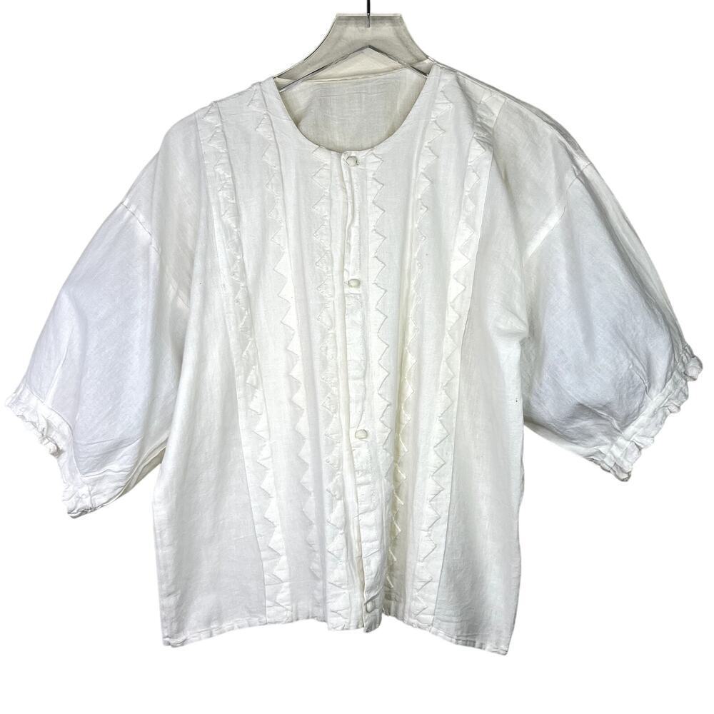 Vintage Puff Sleeve Button Front Top Cardigan Off White Short Sleeve Pintuck